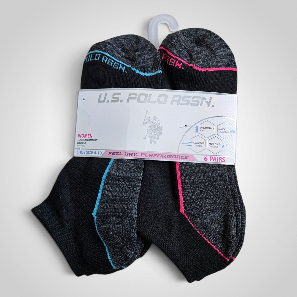 US Polo Assn Womens Low Cut Ankle Socks 6 Pairs Black Pink Teal Shoe Size 4-10